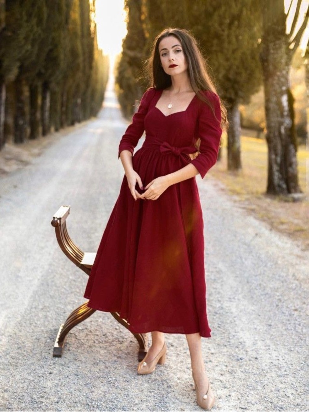 BEDRA VINTAGE 100% Linen GOTS Certified Burgundy Red Romantic Dress Size XS NWT